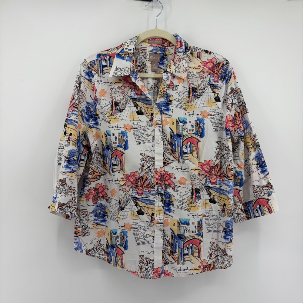 Chico's Womens 2 Large Multicolor Button Up Shirt Art Mediterranean 3/4‎ Sleeve